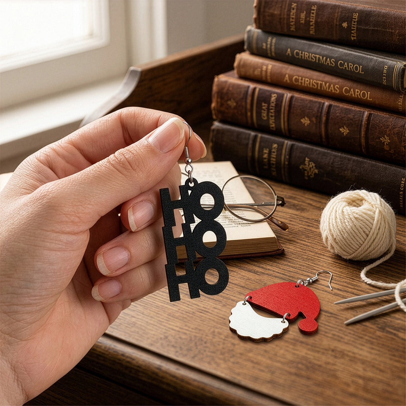 Hand holding handmade HO HO HO and Santa Claus earrings on a wooden table with vintage books, knitting yarn, and reading glasses, creating a cozy Christmas atmosphere. Handmade in Finland by byMinta.