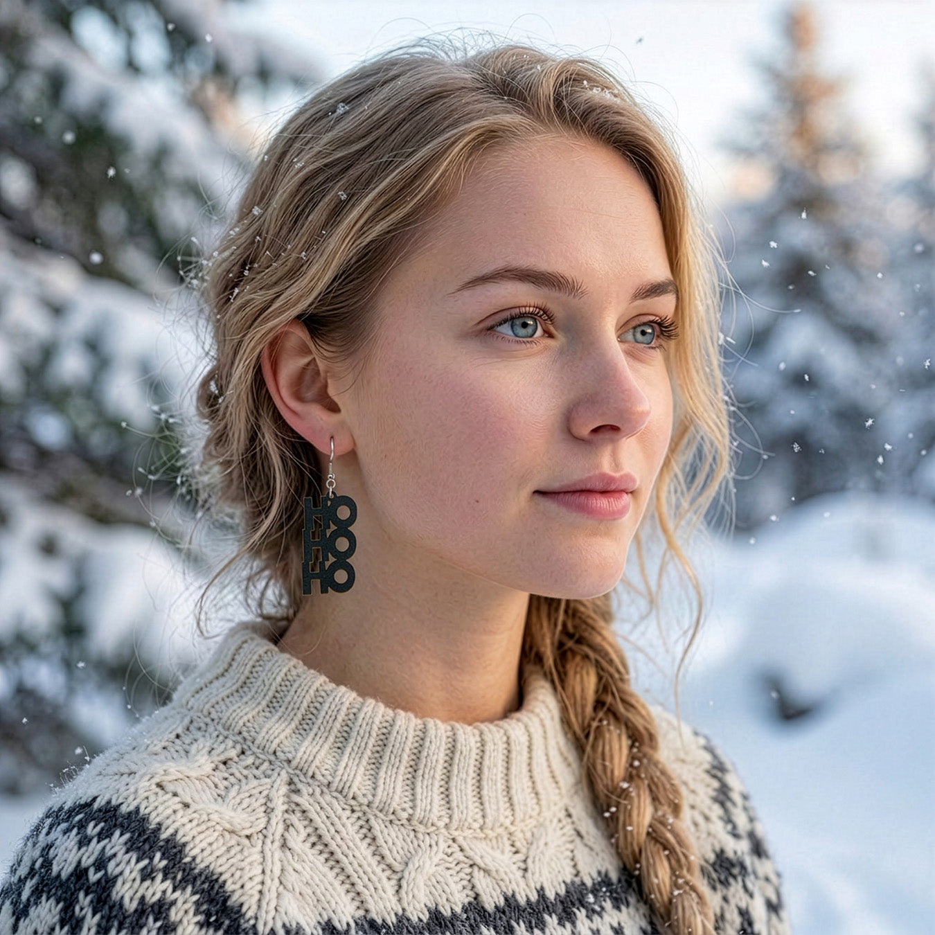 Blonde woman wearing the HO HO HO earring in a snowy winter landscape, dressed in a warm Nordic knit sweater. Handmade in Finland by byMinta.