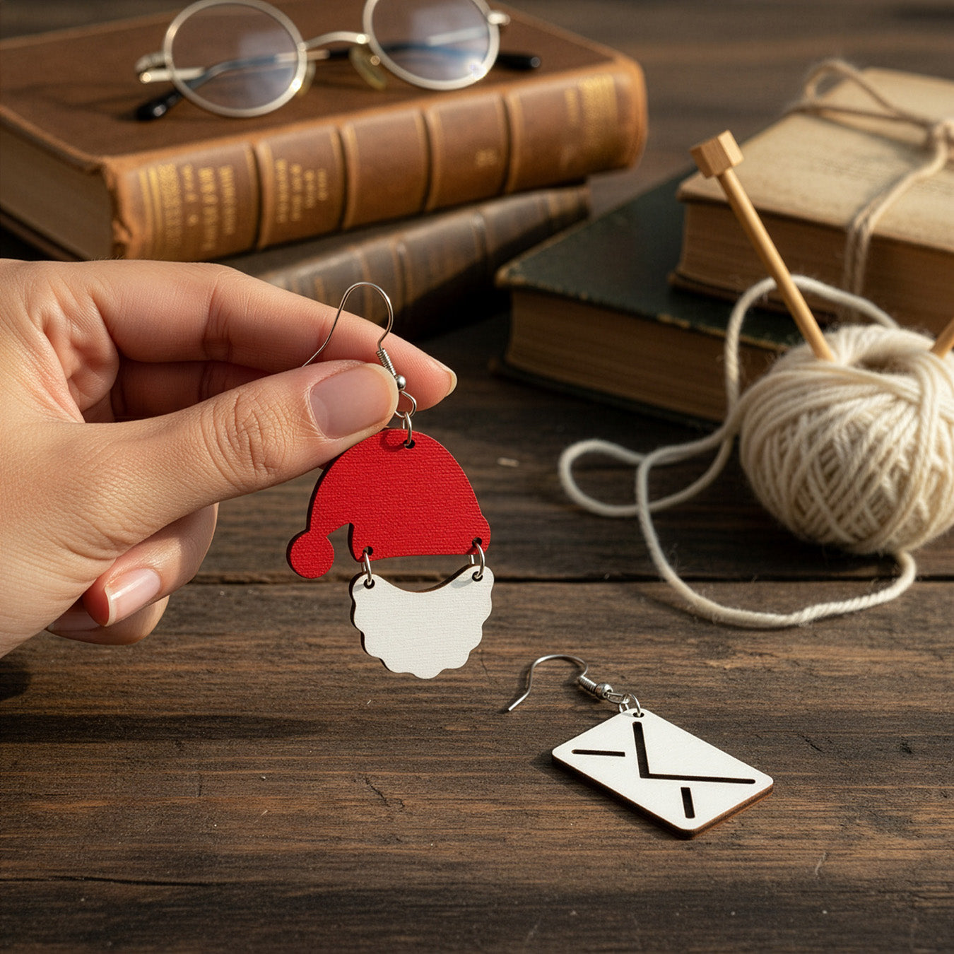 Hand holding the Santa Claus earring on a wooden table with books, yarn, and cozy holiday details, with the letter earring beside it. Handmade in Finland by byMinta.
