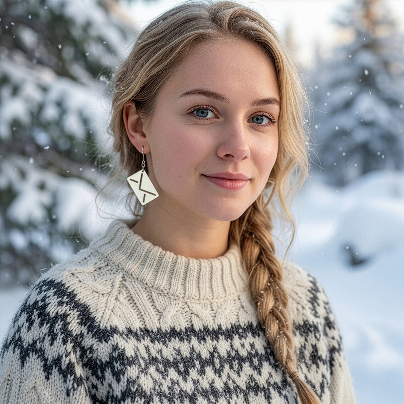 Blonde woman wearing the letter to Santa earring in a snowy winter landscape, dressed in a warm Nordic knit sweater. Handmade in Finland by byMinta.