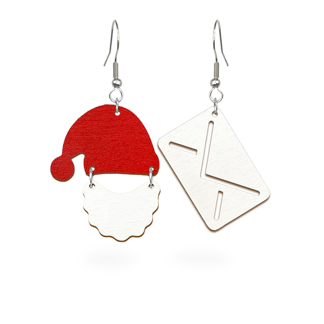 Playful Christmas earrings featuring Santa Claus and a letter to Santa, handmade from Finnish birch plywood and painted on both sides. Handmade in Finland by byMinta.
