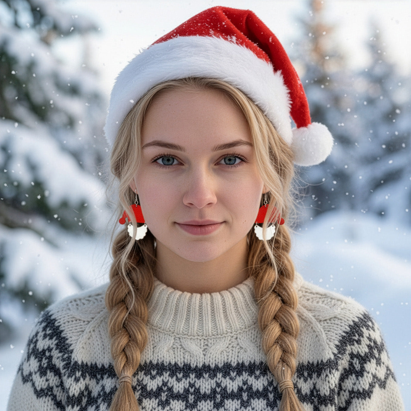 Blonde woman wearing Santa Claus earrings and a red Santa hat in a snowy winter landscape, dressed in a warm Nordic knit sweater. Handmade in Finland by byMinta.