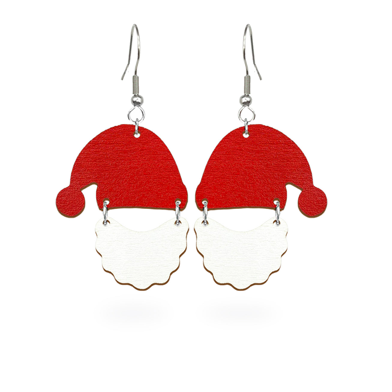 Santa Claus earrings with red hats and white beards, handmade from Finnish birch plywood and painted on both sides. Handmade in Finland by byMinta.
