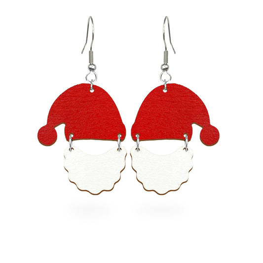 Santa Claus earrings with red hats and white beards, handmade from Finnish birch plywood and painted on both sides. Handmade in Finland by byMinta.