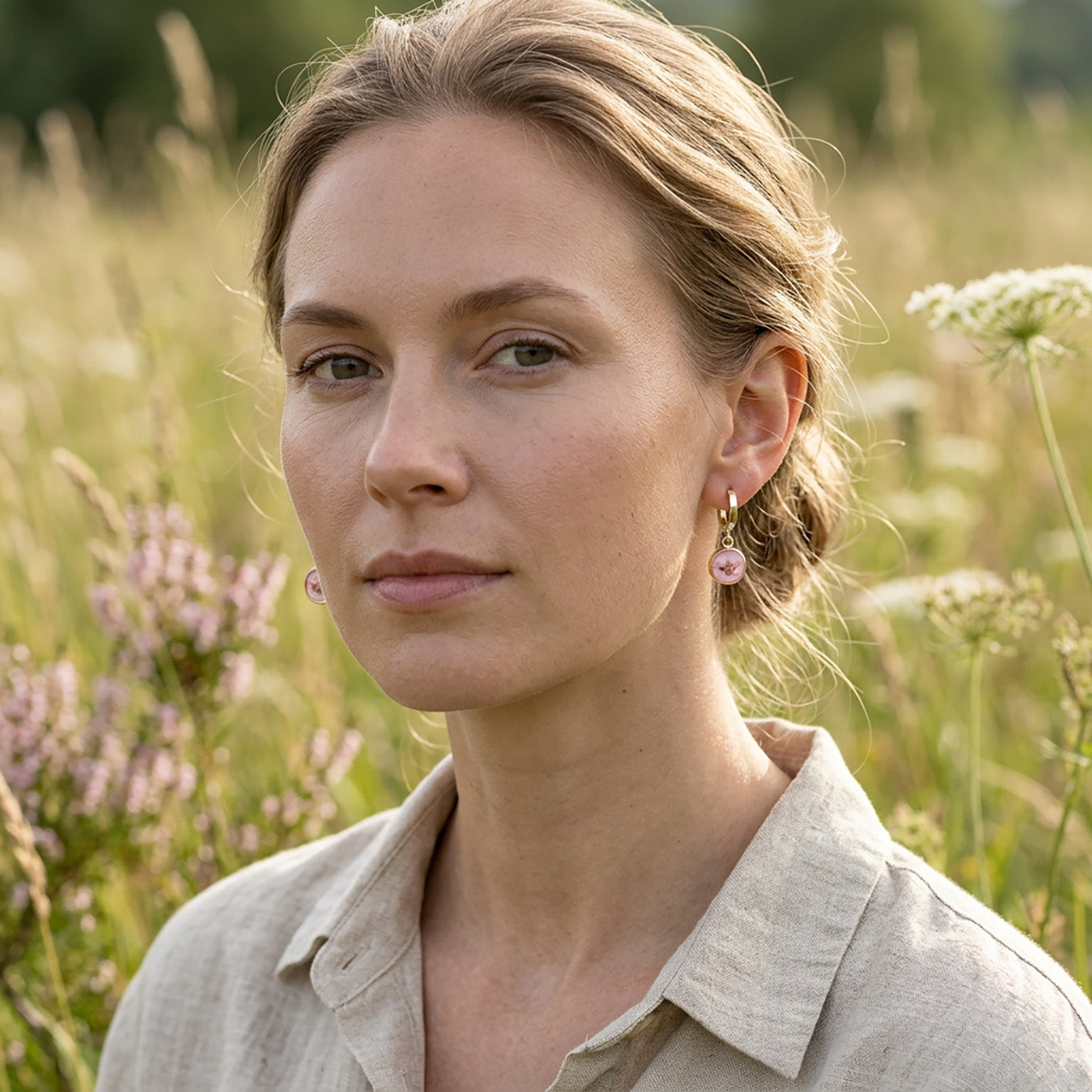 Woman wearing pink heather flower huggie earrings in summer meadow, lightweight handmade earrings