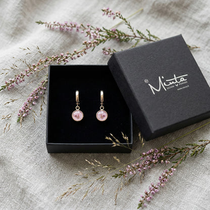 Pink heather flower huggie earrings in byMinta gift box with heather and dried grasses