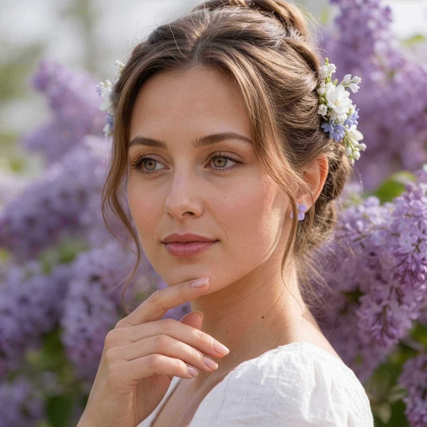 Woman in a blooming lilac garden wearing delicate pale blue floral stud earrings by byMinta. Her hair is styled in a soft updo adorned with white and light blue flowers, and she wears a simple white dress. Surrounded by lush lilac blossoms, the portrait captures a serene and romantic summer atmosphere inspired by the gentle colors of northern nature.
