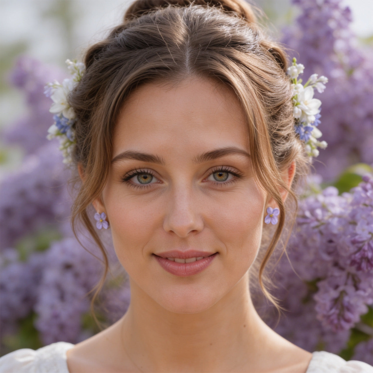 handmade lilac flower stud earrings worn by woman with lilac blossoms background byMinta