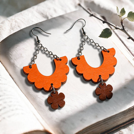 Orange and brown Swing plywood earrings made in Finland