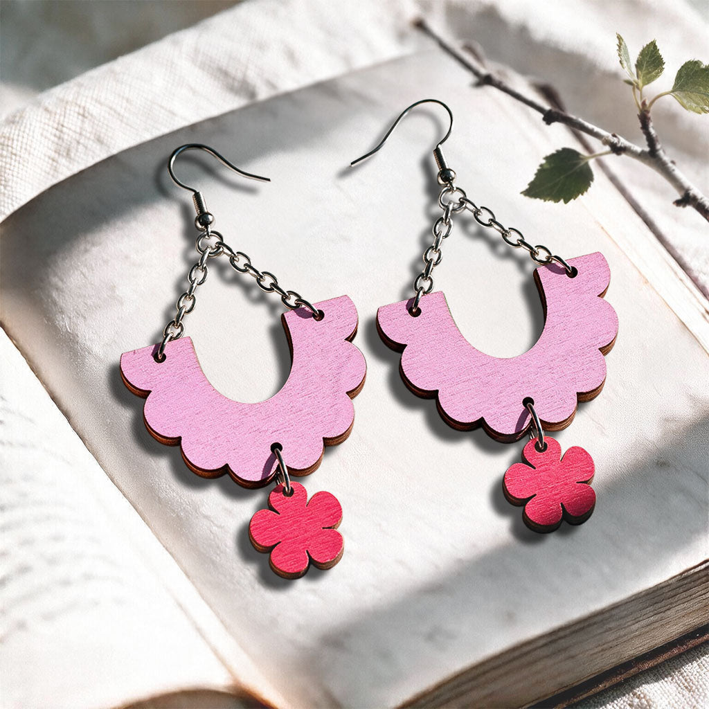 Pink and bright pink Swing plywood earrings made in Finland