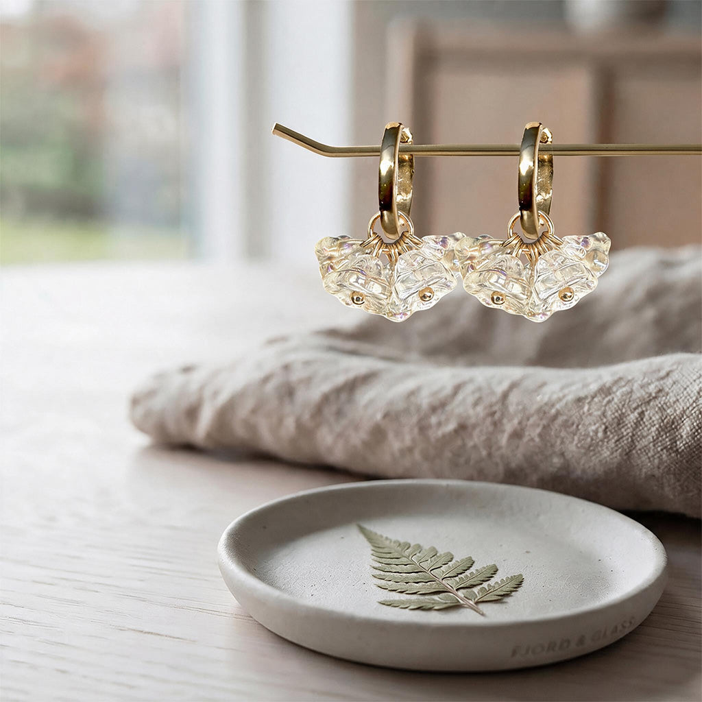 Bloom Meringue glass flower earrings with gold huggie hoops, handcrafted in Finland by byMinta