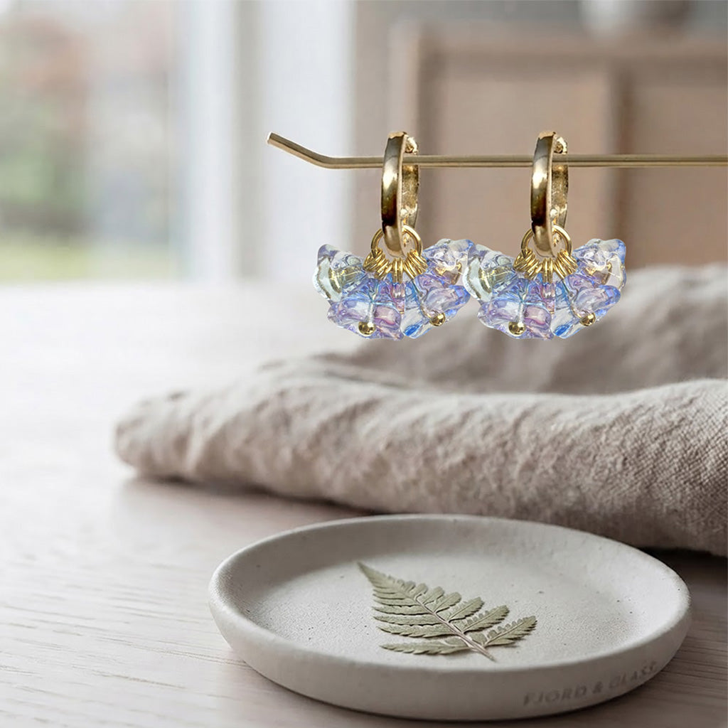 Bloom Parfait glass flower earrings with gold huggie hoops, handcrafted in Finland by byMinta