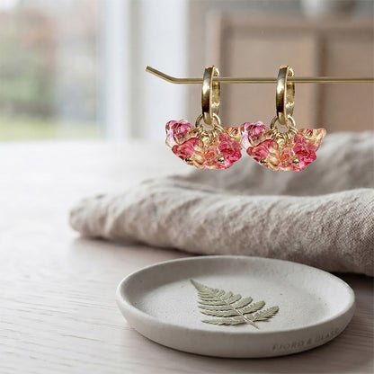 Bloom Sorbet glass flower earrings with gold huggie hoops, handcrafted in Finland by byMinta