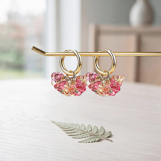 Bloom Sorbet glass flower earrings with gold huggie hoops, handcrafted in Finland by byMinta