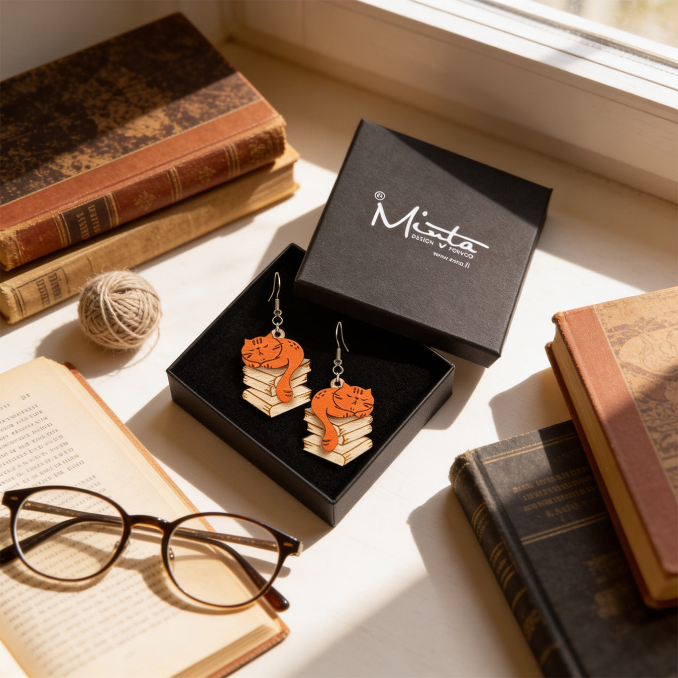 Handmade Library Cat earrings displayed in a black jewelry box surrounded by vintage books, reading glasses and a ball of yarn. Lightweight Finnish birch plywood cat earrings styled in warm natural daylight with a cozy book lover atmosphere.