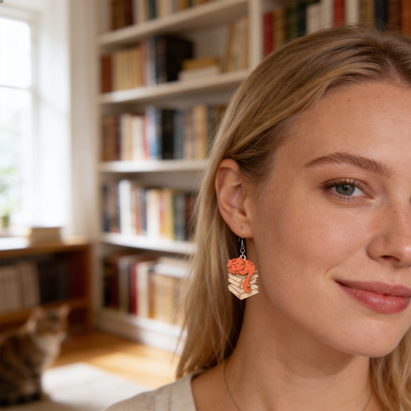 Close-up portrait of a Scandinavian woman wearing handmade Library Cat earrings in a cozy home library. Lightweight Finnish birch plywood cat earrings photographed in warm natural light with bookshelves and a softly blurred cat in the background.