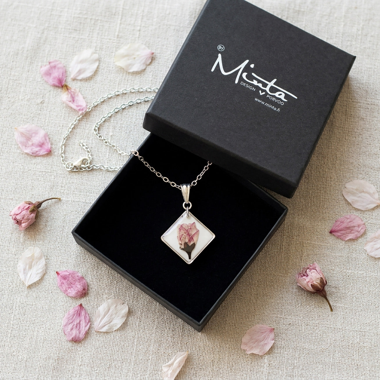 Real cherry blossom necklace with stainless steel chain in byMinta gift box with soft floral styling