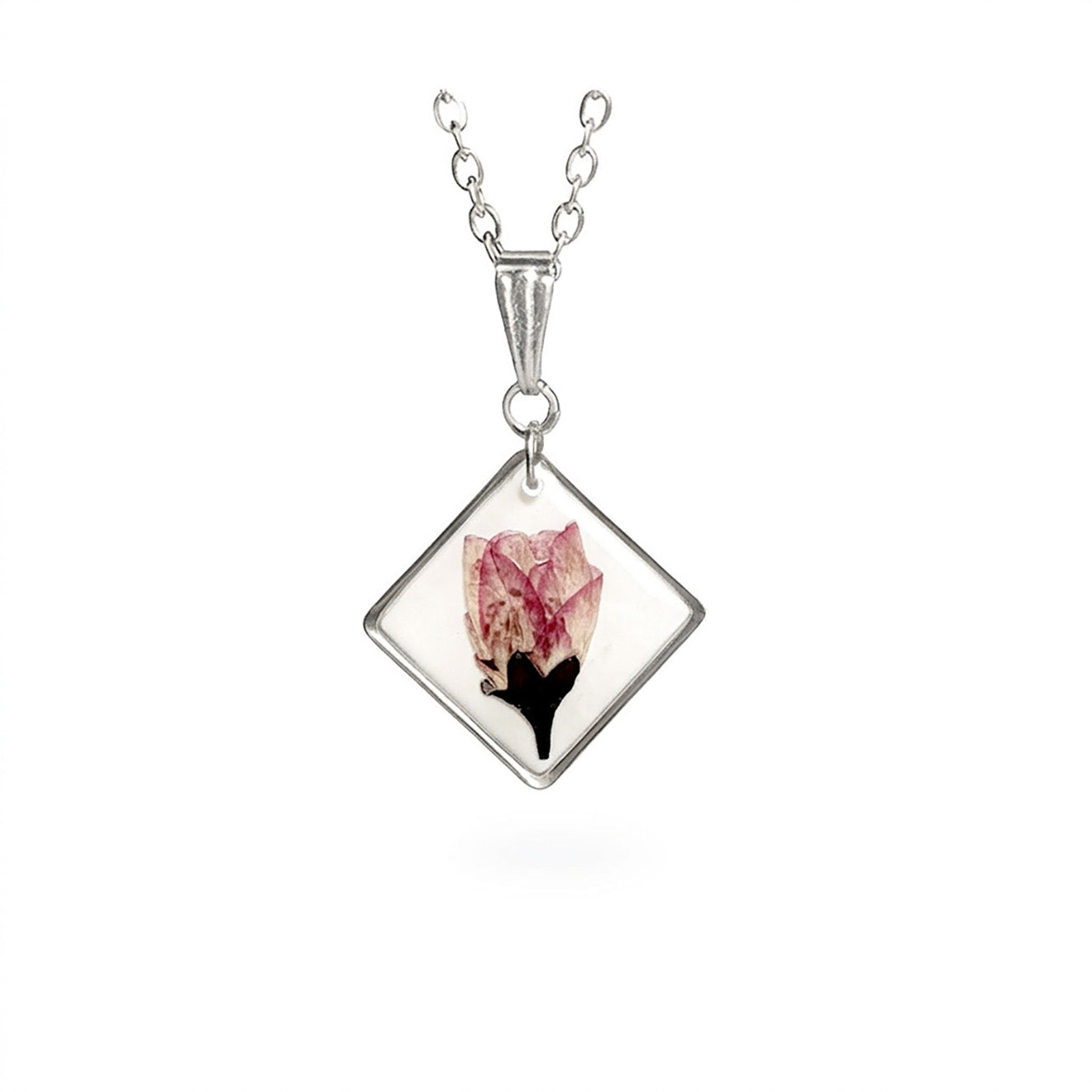 Necklace with real cherry blossom pendant and stainless steel chain, handmade in Finland