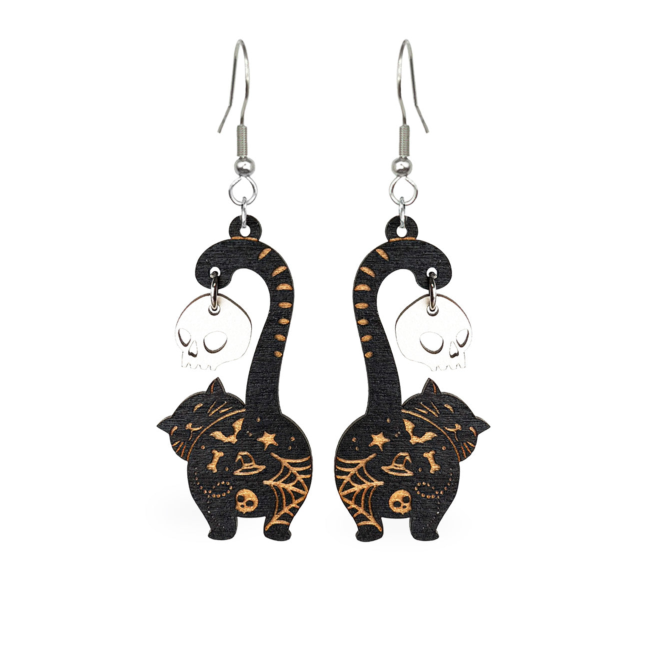 Black cat earrings with skull charms, handmade Halloween earrings from Finnish birch plywood, white background.