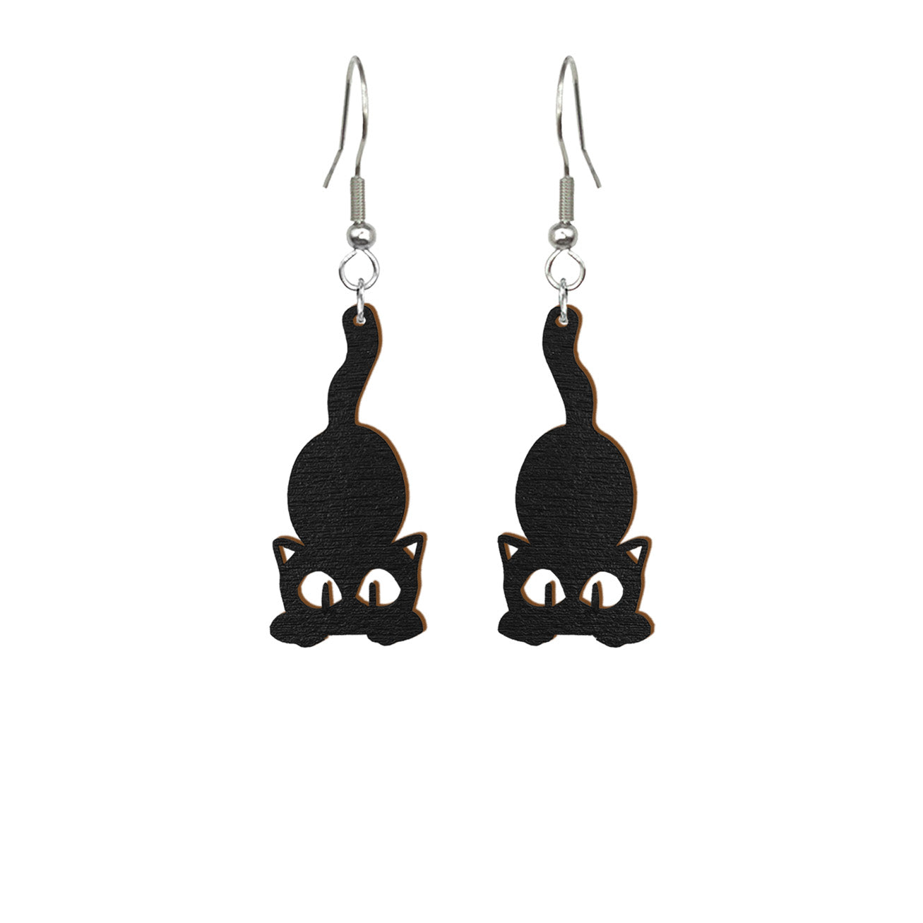 Black Cat Earrings made from Finnish birch plywood, handcrafted in Finland.