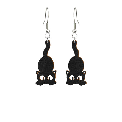 Black Cat Earrings made from Finnish birch plywood, handcrafted in Finland.
