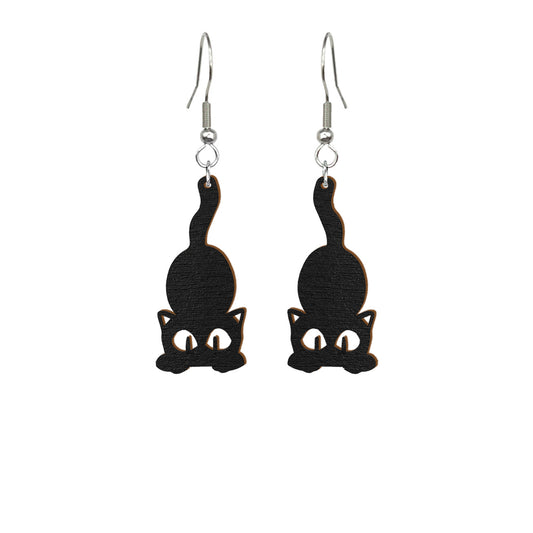 Black Cat Earrings made from Finnish birch plywood, handcrafted in Finland.