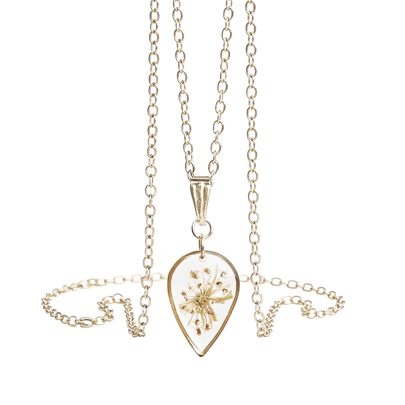 Handmade teardrop necklace with a real pressed cow parsley flower preserved inside. Botanical jewelry with a gold-tone frame and delicate chain on a clean white background, handcrafted in Finland.