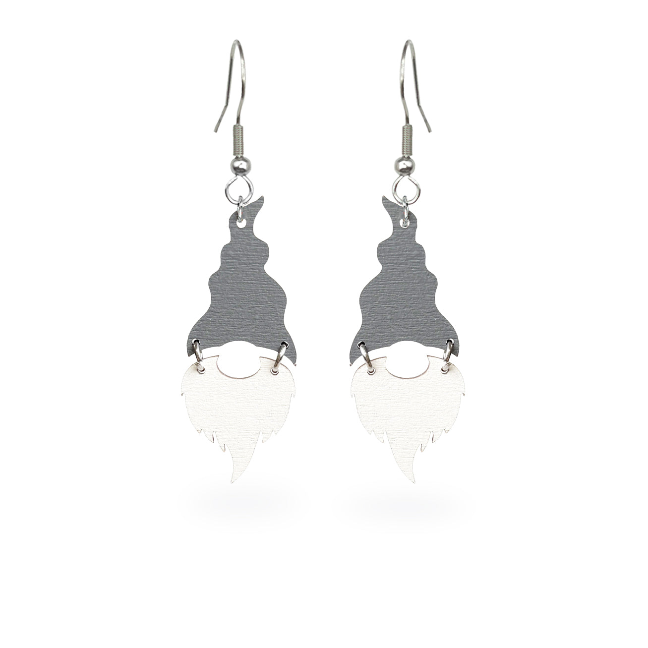 Scandinavian-style Christmas gnome earrings handmade from Finnish birch plywood, painted on both sides in elegant silver and white. Handmade in Finland by byMinta.