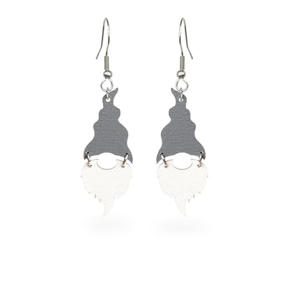 Scandinavian-style Christmas gnome earrings handmade from Finnish birch plywood, painted on both sides in elegant silver and white. Handmade in Finland by byMinta.