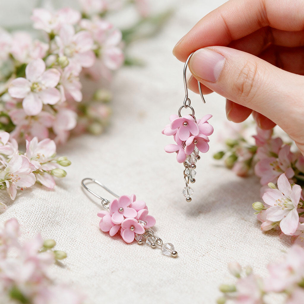 Pink Kukkaverso flower earrings handmade in Finland, photographed with pale pink flowers in natural light