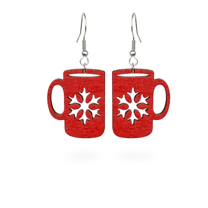 Red mug earrings with snowflake cutout, handmade from Finnish birch plywood and painted on both sides. Handmade in Finland by byMinta.