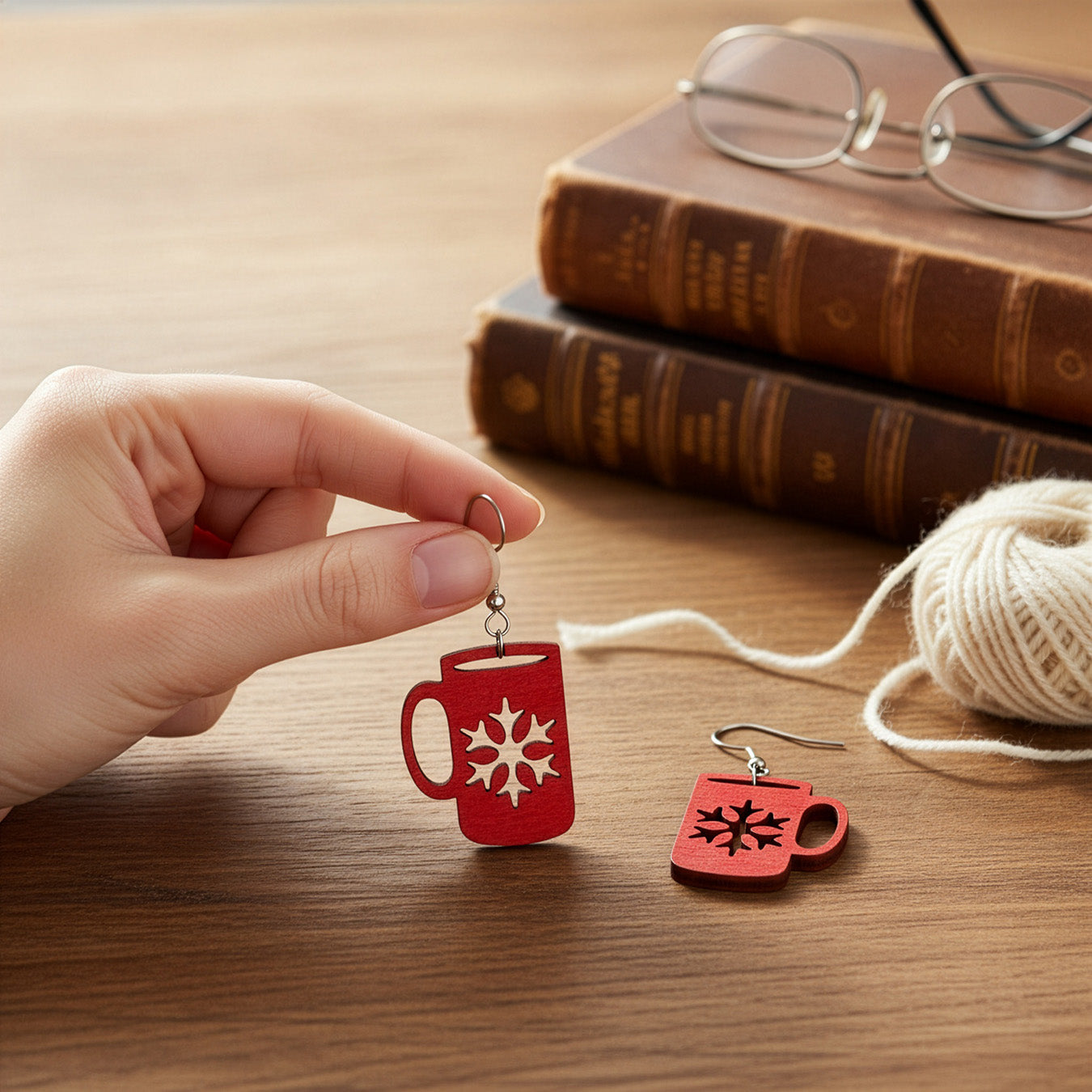 Hand holding red mug earrings on a wooden table with books, knitting yarn, and glasses, creating a cozy winter atmosphere. Handmade in Finland by byMinta.