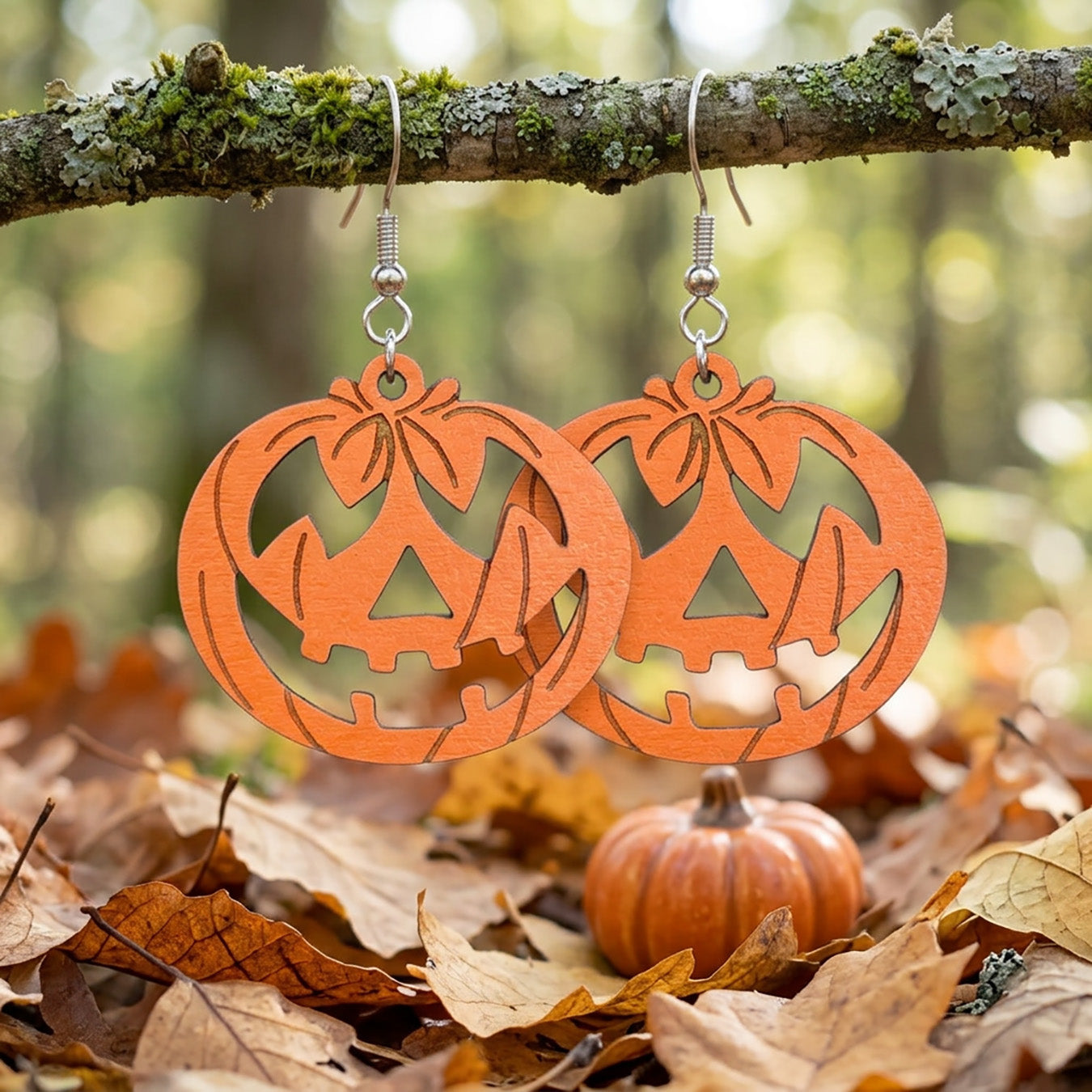 Pumpkin earrings hanging from a branch with autumn leaves and a pumpkin.