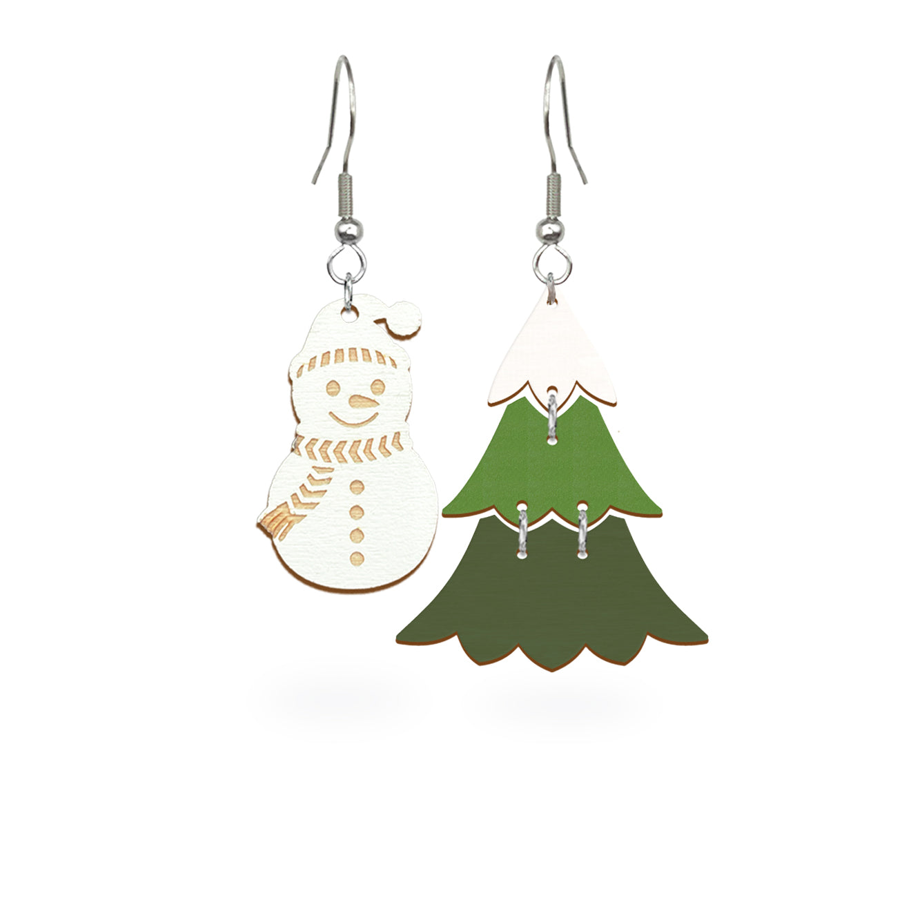 Playful mismatched earrings featuring a snowman and a green Christmas tree, handmade from Finnish birch plywood and painted on both sides. Handmade in Finland by byMinta.