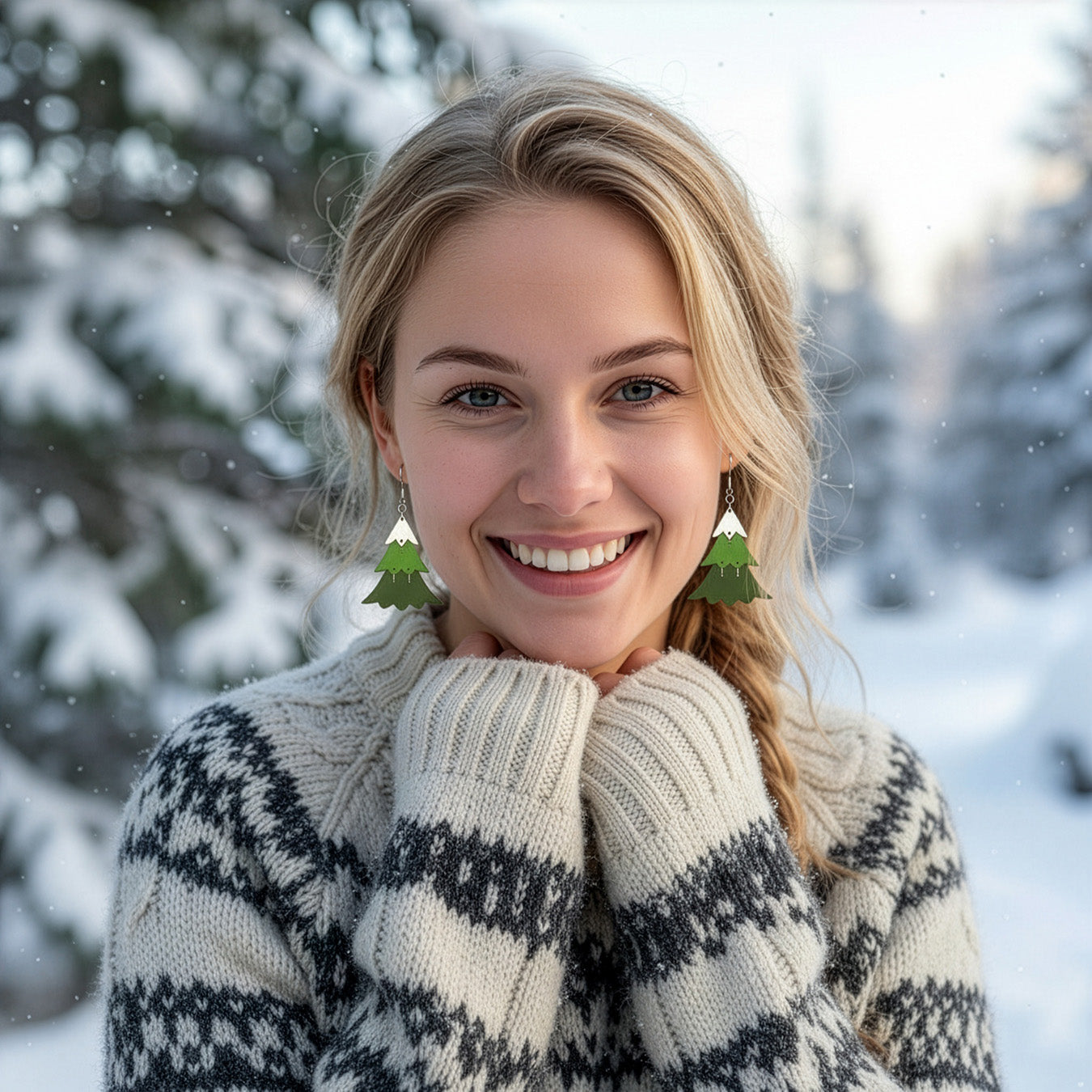 Smiling blonde woman wearing Christmas tree earrings in a snowy winter landscape, dressed in a cozy Nordic knit sweater. Handmade in Finland by byMinta.