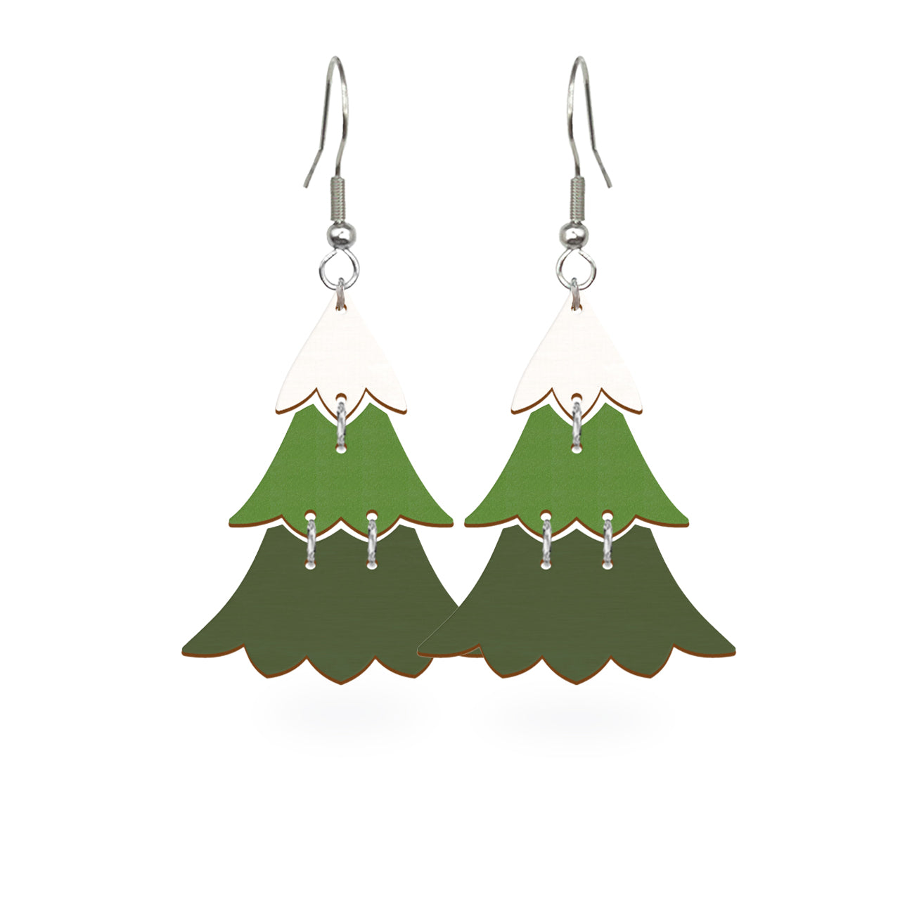 Christmas tree earrings handmade from Finnish birch plywood, painted on both sides and inspired by the peaceful beauty of winter forests. Handmade in Finland by byMinta.