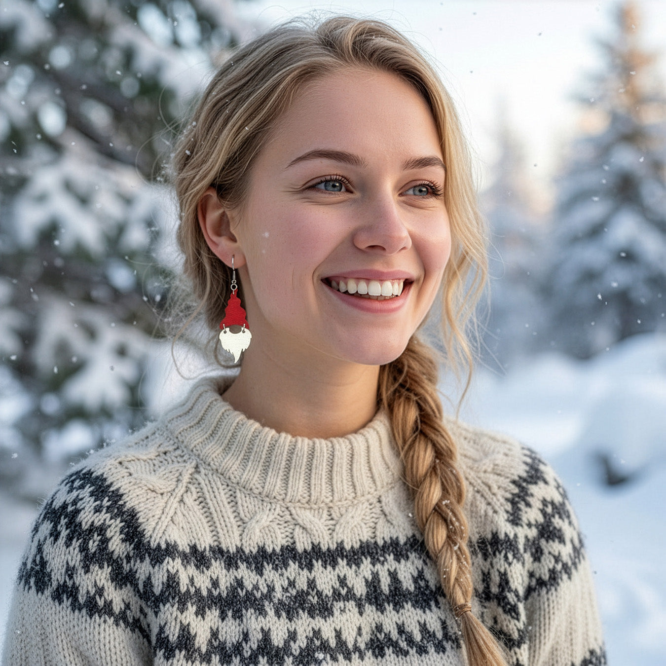 Smiling blonde woman wearing red and white Christmas gnome earrings in a snowy winter landscape, dressed in a traditional Nordic sweater. Handmade in Finland by byMinta.