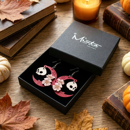 Pink crescent moon and skull earrings in byMinta gift box, handmade wooden Halloween jewelry