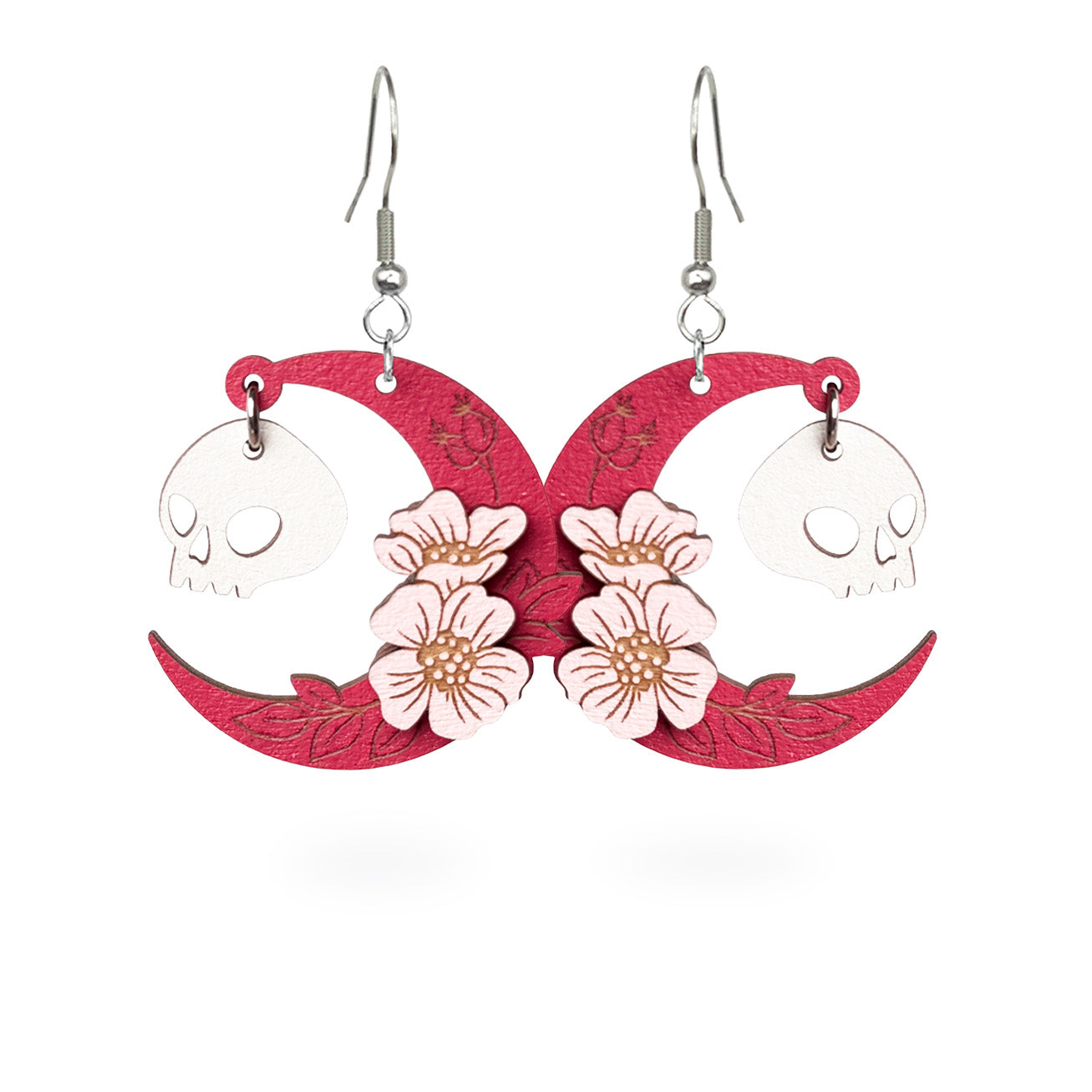 Pink crescent moon earrings with skull charms and flowers, handmade wooden Halloween earrings byMinta Finland