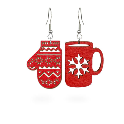 Playful mismatched earrings featuring a red mitten and a steaming mug, handmade from Finnish birch plywood and painted on both sides. Handmade in Finland by byMinta.