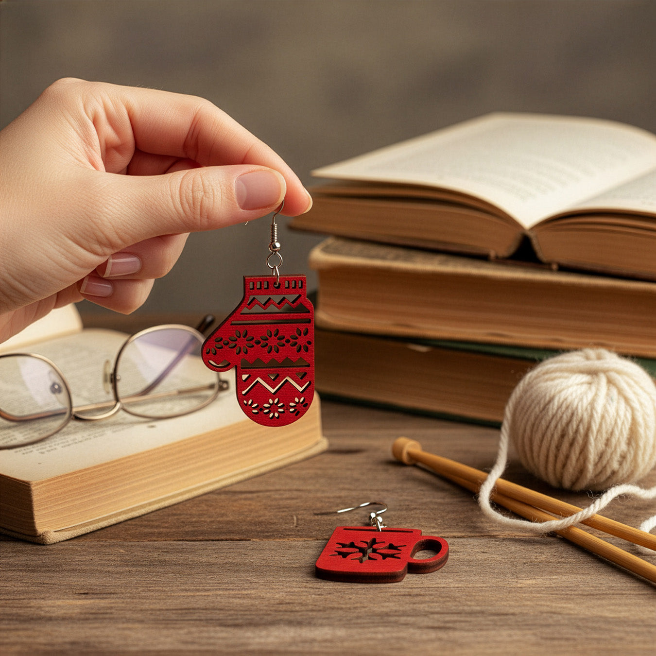 Hand holding the red mitten earring on a wooden table with books, knitting yarn, and reading glasses, with the mug earring beside it. Handmade in Finland by byMinta.