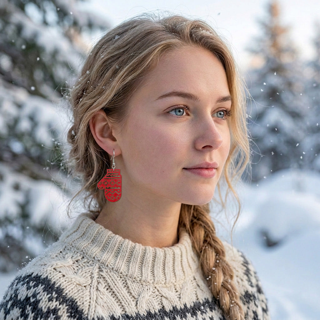 Blonde woman wearing red mitten earrings in a snowy winter landscape, dressed in a traditional Nordic knit sweater. Handmade in Finland by byMinta.