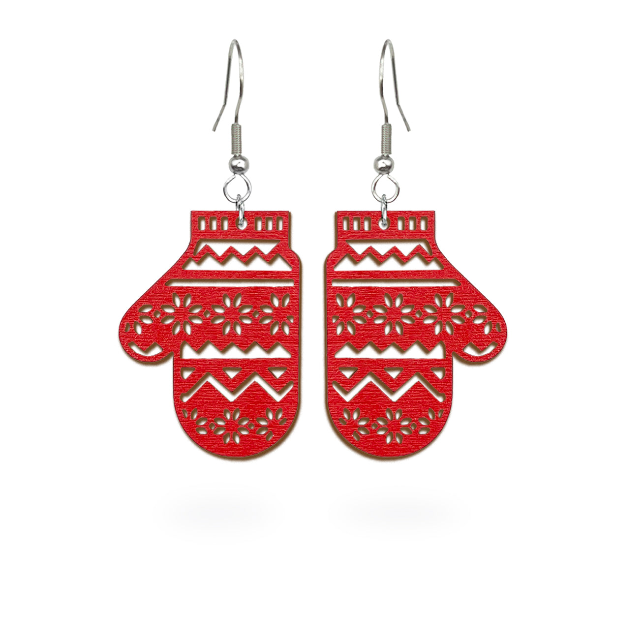 Red mitten earrings with Nordic knit-inspired patterns, handmade from Finnish birch plywood and painted on both sides. Handmade in Finland by byMinta.