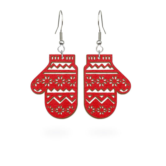 Red mitten earrings with Nordic knit-inspired patterns, handmade from Finnish birch plywood and painted on both sides. Handmade in Finland by byMinta.