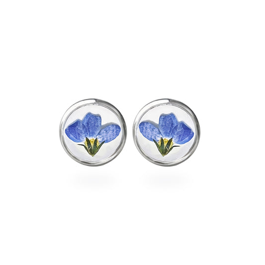 Blue forget-me-not flower stud earrings with real pressed flowers in resin, handmade in Finland by byMinta.