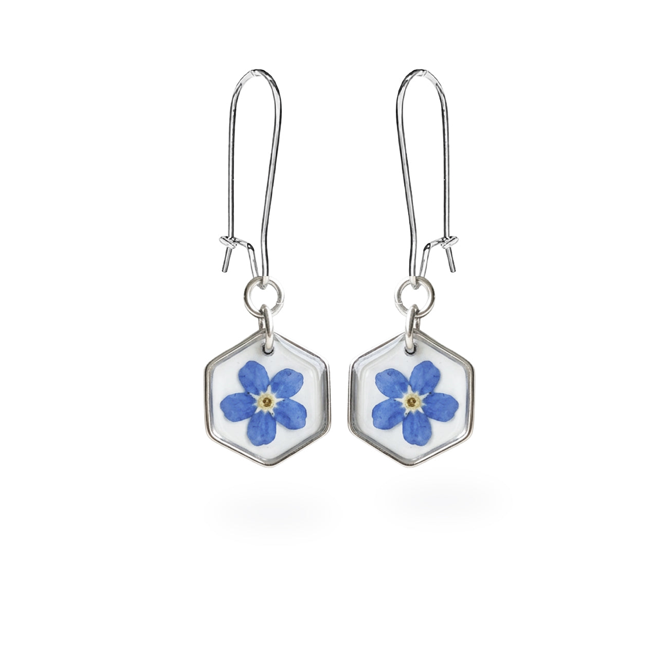 Forget-me-not flower earrings with real blue flowers in silver hexagon frames, handmade jewelry from Finland