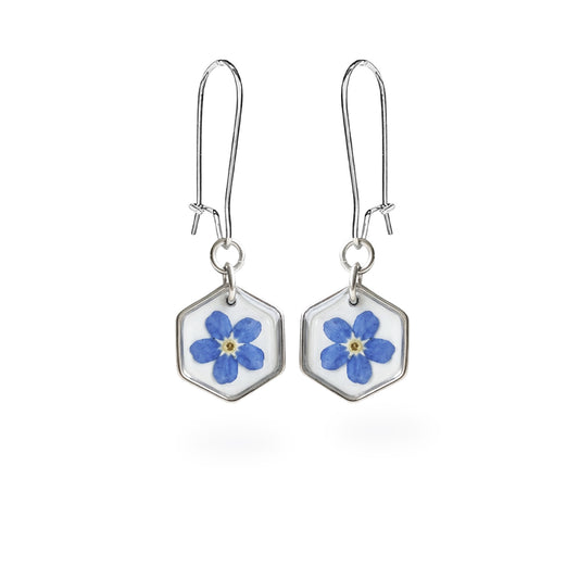 Forget-me-not flower earrings with real blue flowers in silver hexagon frames, handmade jewelry from Finland