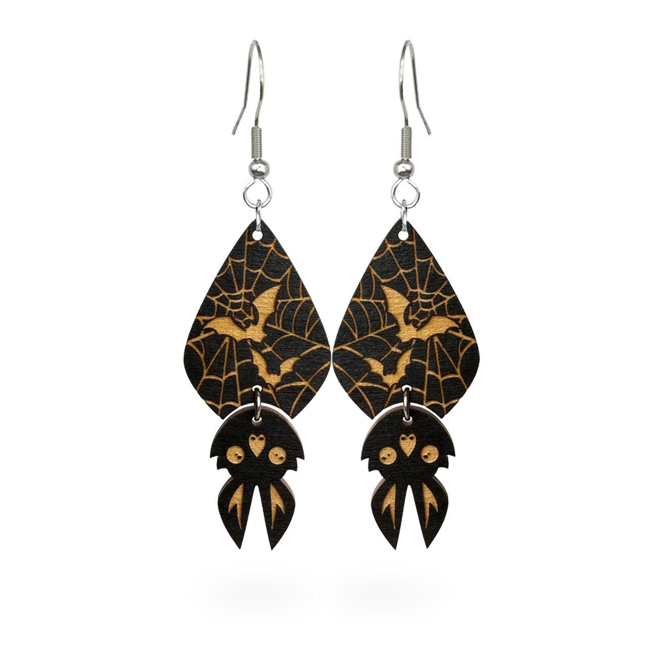 Spider Web Bat Earrings made from Finnish birch plywood with engraved Halloween details.