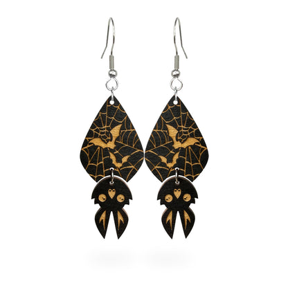 Spider Web Bat Earrings made from Finnish birch plywood with engraved Halloween details.