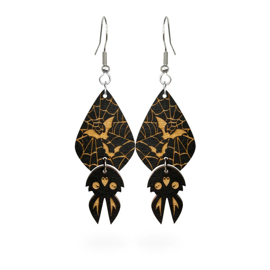 Spider Web Bat Earrings made from Finnish birch plywood with engraved Halloween details.
